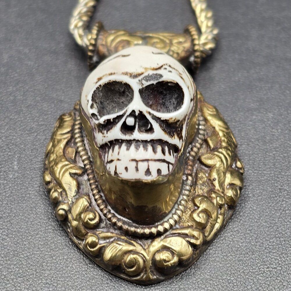 Brass Slider Pendant w Raised Resin Skull & Flower and Fish Motif on 24" Chain - Picture 6 of 10